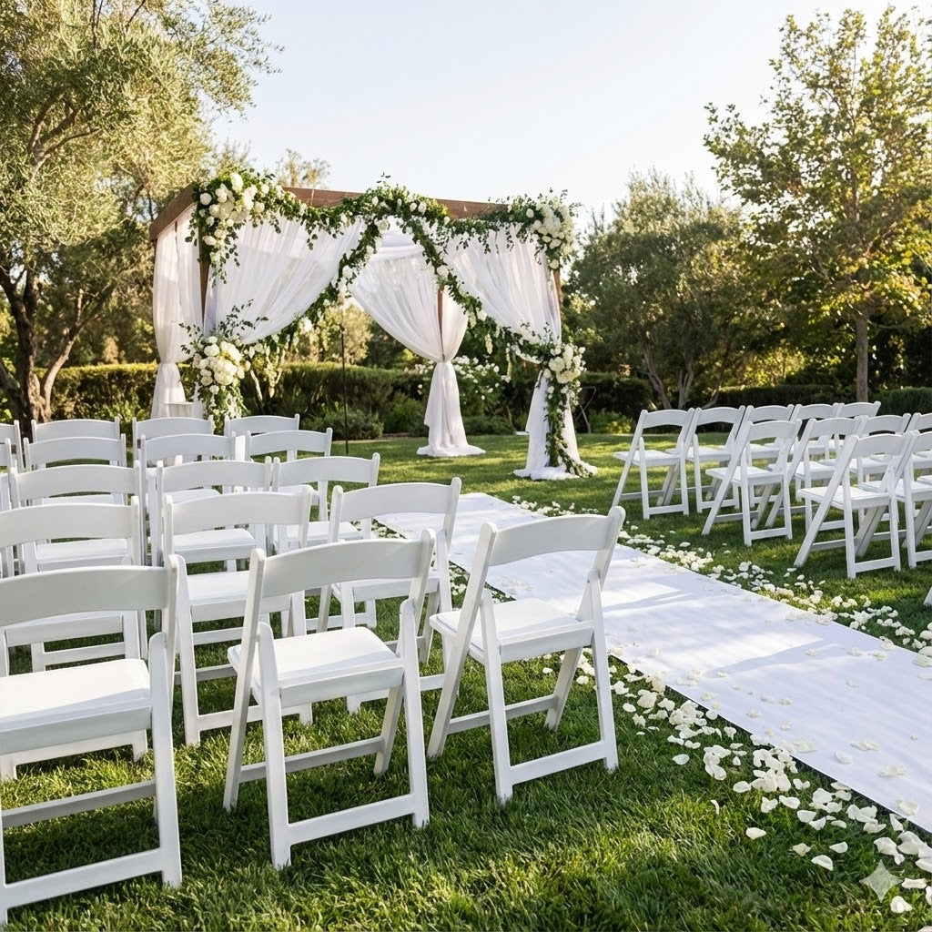 כסאות לחופה - למה כסאות לבנים מתקפלים הם הבחירה המנצחת? המדריך המלא והמקצועי לעיצוב אירועים