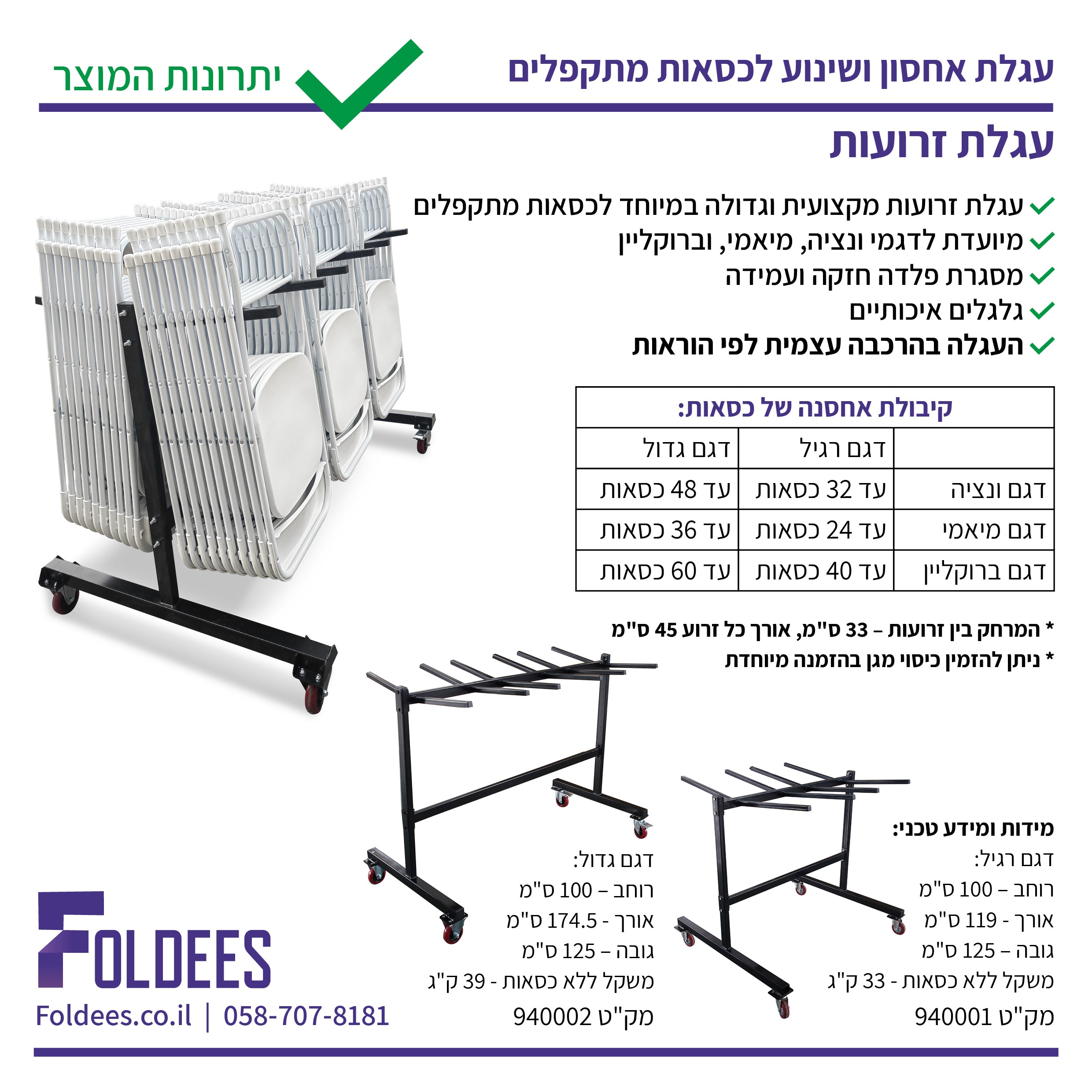 עגלה לכסאות מתקפלים מדגמי מיאמי, ונציה וברוקליין