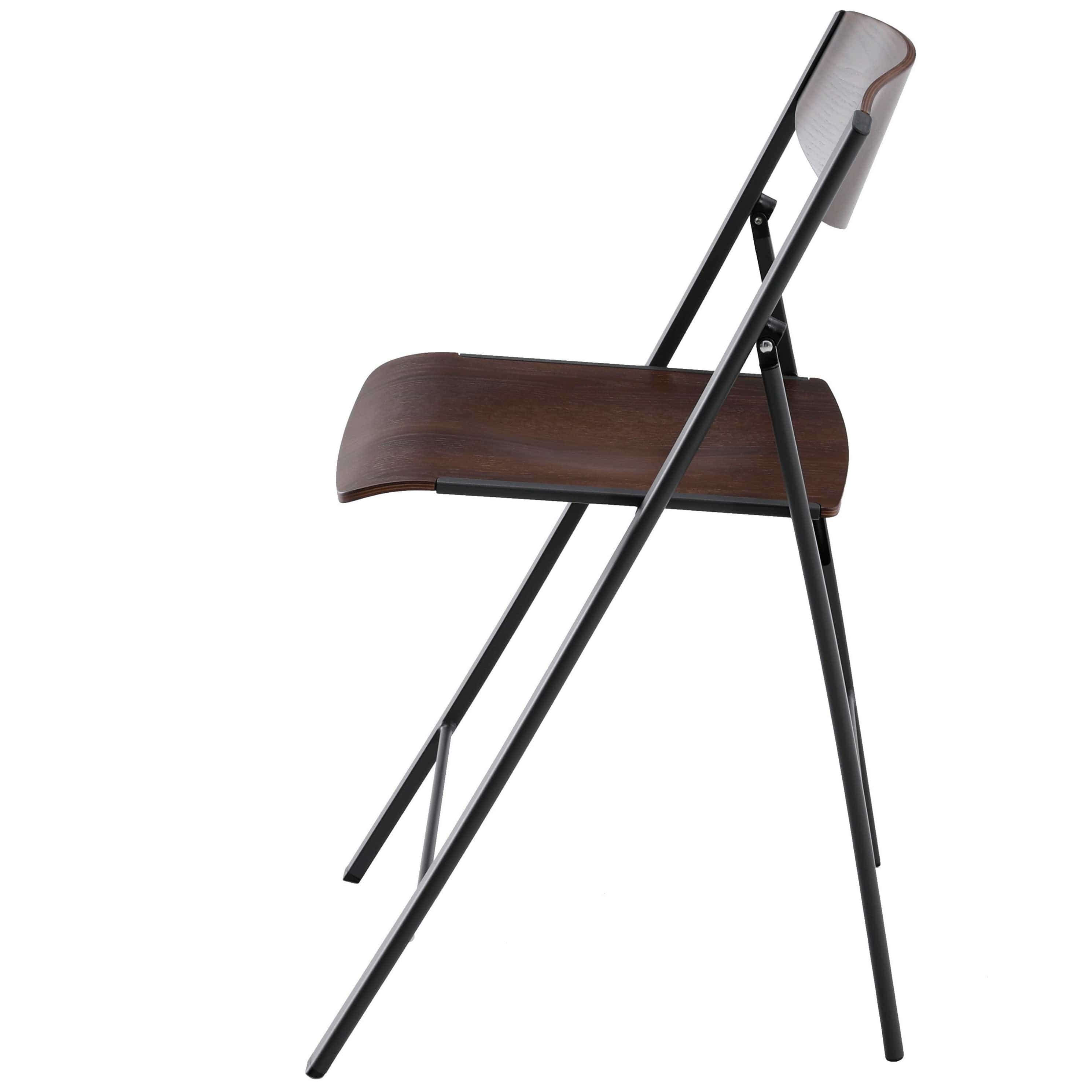 Foldees Boston model designer folding chair, black metal frame, dark teak color solid wood seat, matching dark teak wood stylish rounded backrest,  designer folding chair כסא מתקפל מעוצב מסגרת צבע שחור ומושב עץ מלא וגב עץ מעוגל בגוון טיק כהה