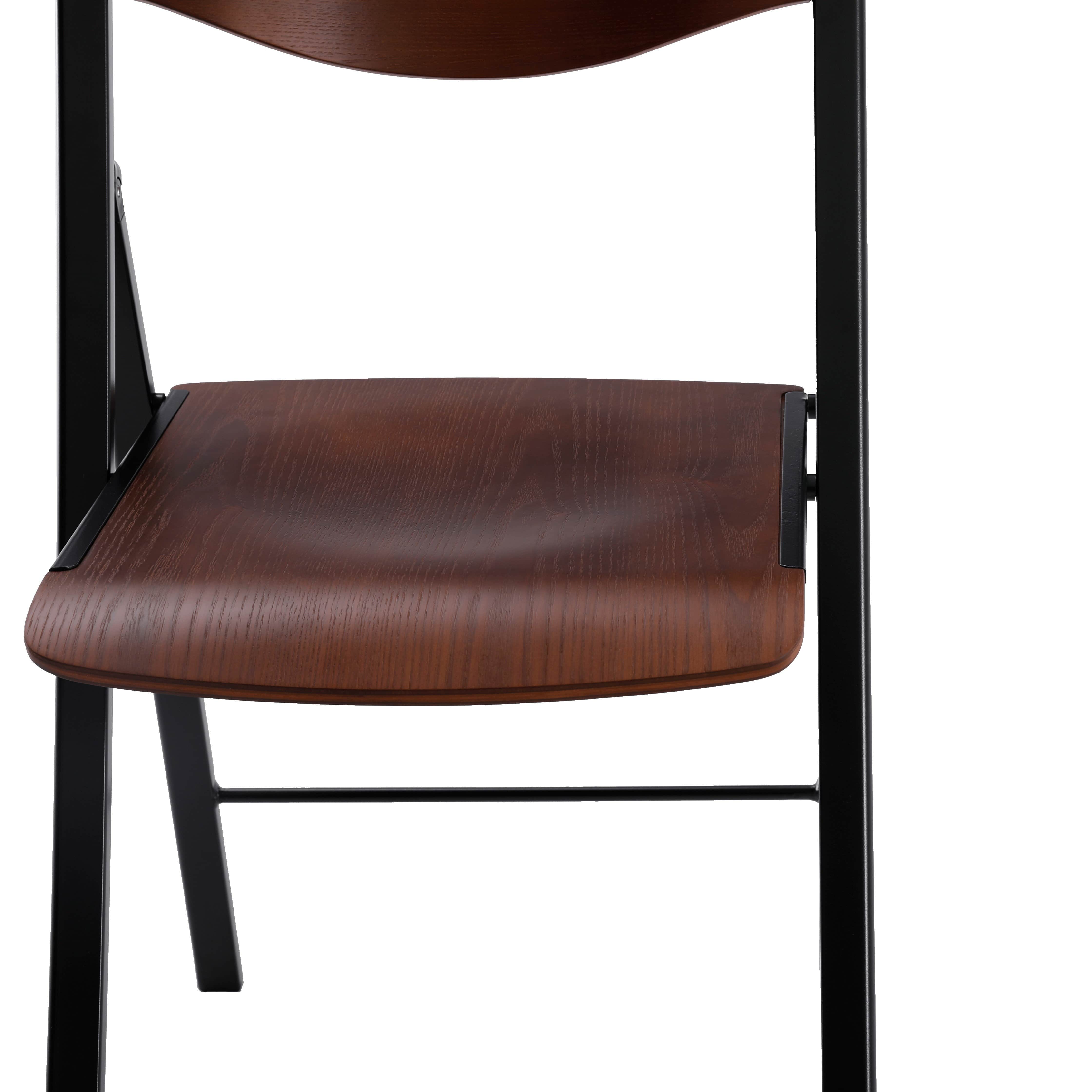 Foldees Boston model designer folding chair, grey metal frame, wallnut color solid wood seat, matching wallnut wood stylish rounded backrest,  designer folding chair כסא מתקפל מעוצב מסגרת צבע אפור ומושב עץ וגב עץ מעוגל בגוון אגוז