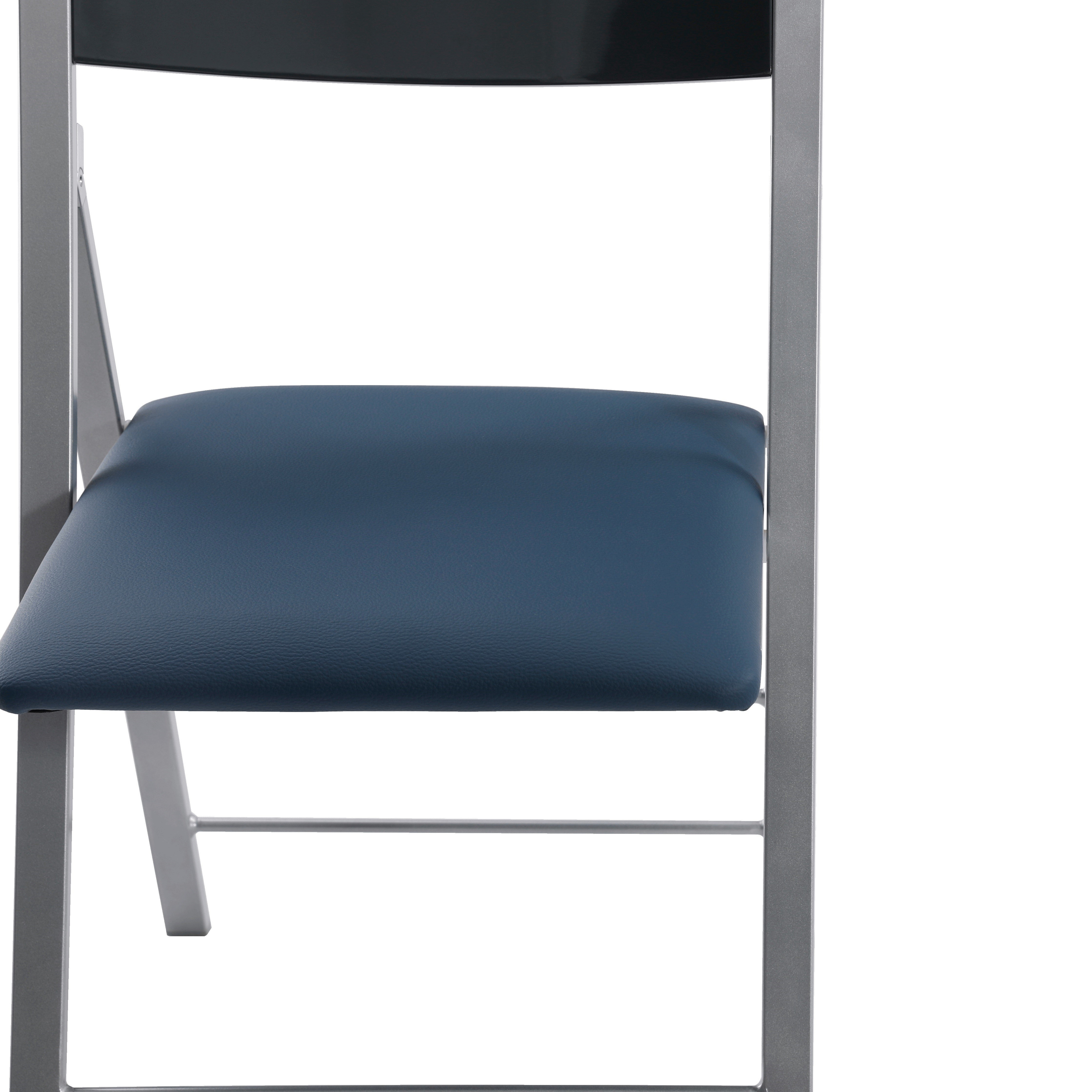 Foldees Chicago model designer high quality folding chair, Silver metal frame, navy blue PU leather padded seat, blue wood rounded backrest,  designer folding chair כסא מתקפל מעוצב מסגרת צבע כסף ומושב דמוי עור כחול נייבי ומשענת גב מעץ כחול