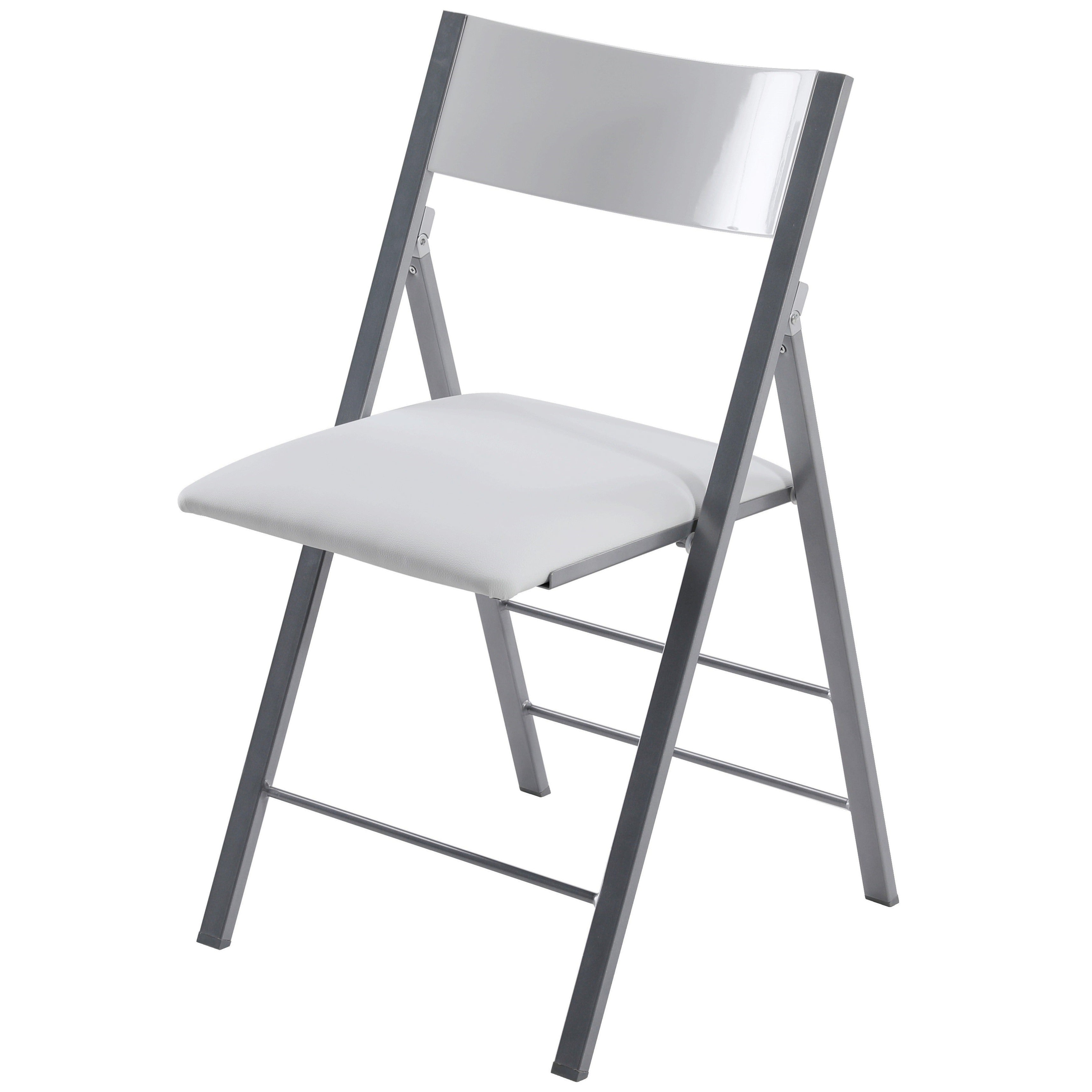 Foldees Chicago model folding chair, silver metal frame, white PU leather padded seat, white wood rounded backrest,  designer folding chair כסא מתקפל מעוצב מסגרת צבע כסף ומושב דמוי עור לבן
