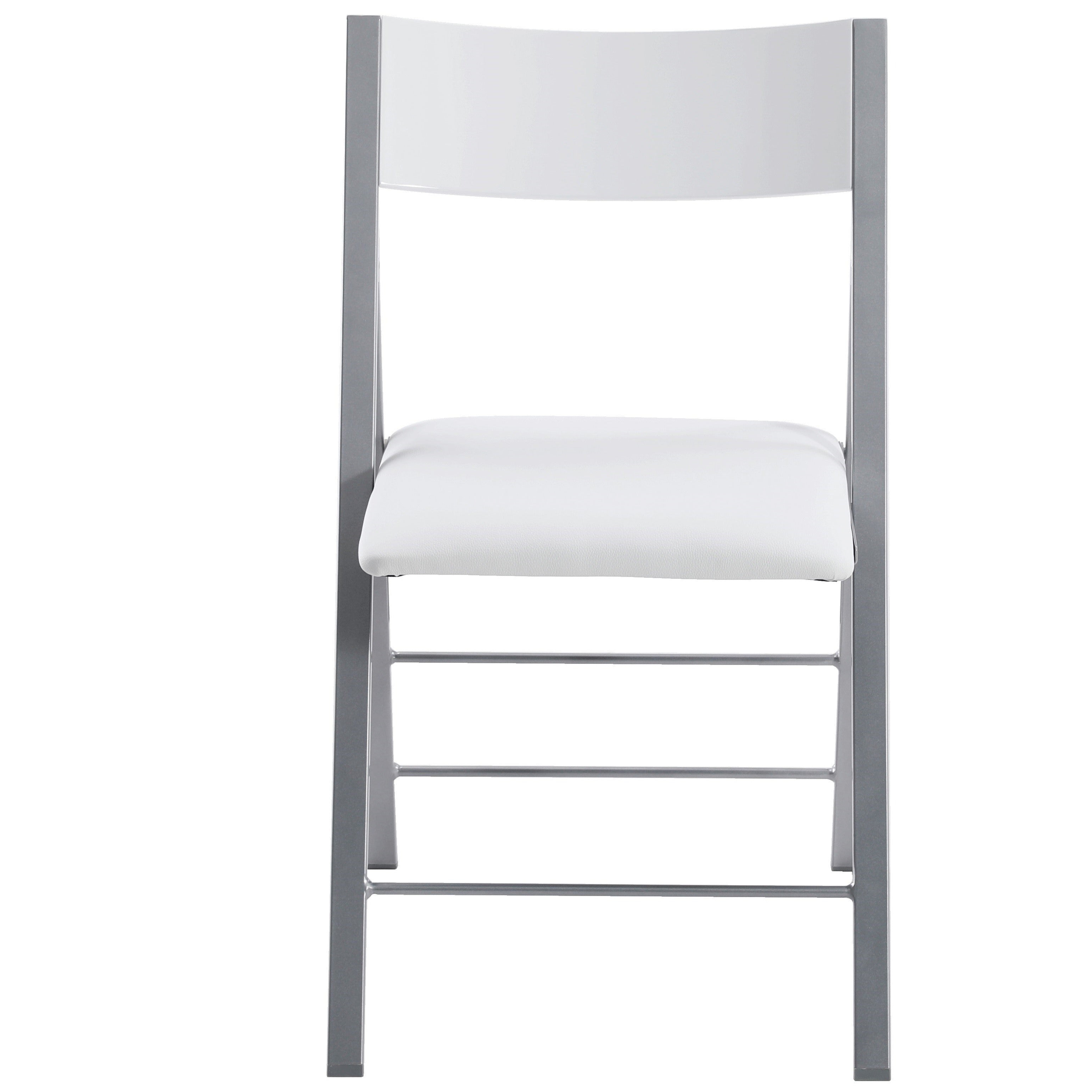 Foldees Chicago model folding chair, silver metal frame, white PU leather padded seat, white wood rounded backrest,  designer folding chair כסא מתקפל מעוצב מסגרת צבע כסף ומושב דמוי עור לבן